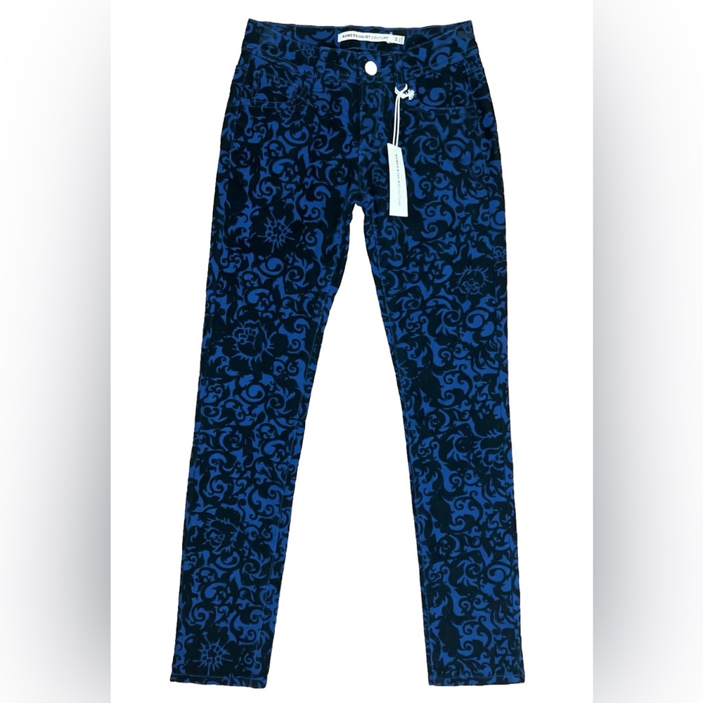 NWT ROMEO‎ & JULIET COUTURE Size 24 Skinny Navy Scroll Velvet Pants RJ29169